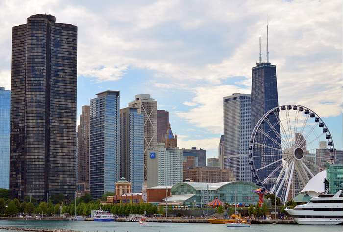 Chicago skyline with John Hancock Center and Ferris wheel