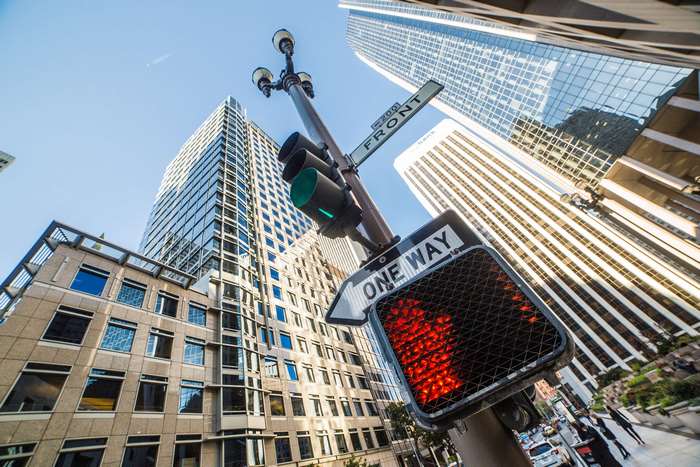 Cityscape with Traffic Lights and Skyscrapers