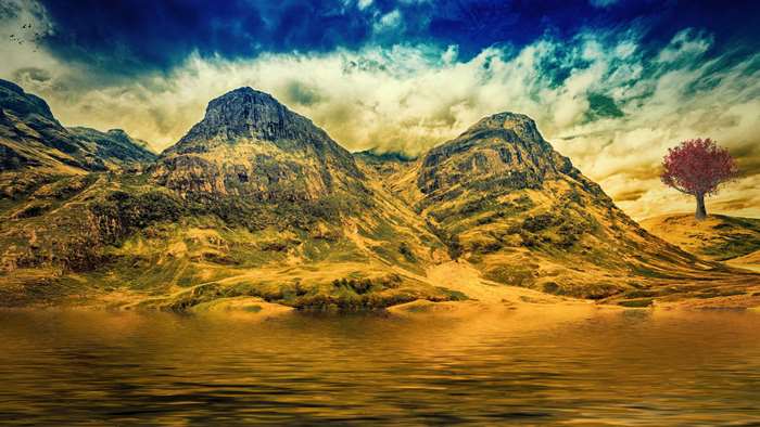Fantasy mountains with a red tree and water