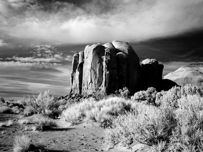 Monument Valley rock formations in black and white