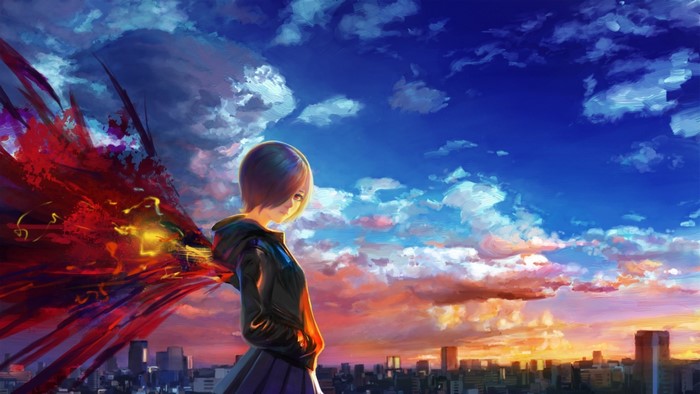 Touka Kirishima from Tokyo Ghoul against a sunset sky