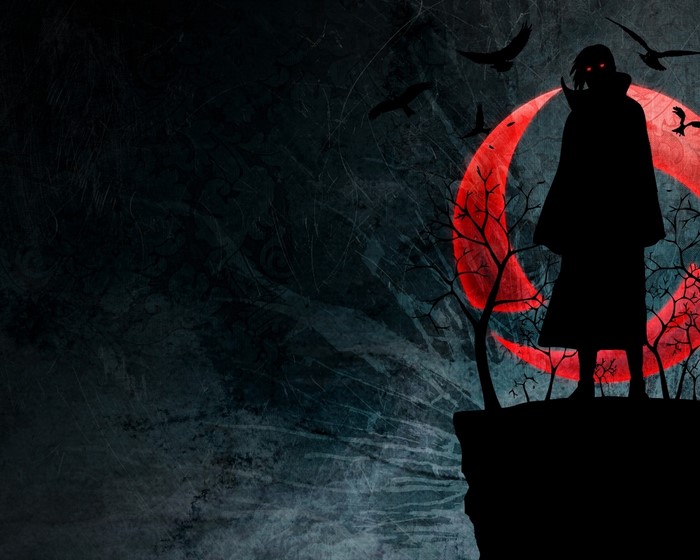 Uchiha Itachi from Naruto with Sharingan and red moon