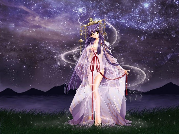 Anime girl with purple hair under a starry night sky