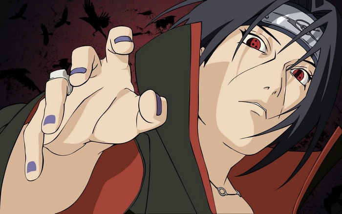 Itachi Uchiha with Sharingan eyes and crows