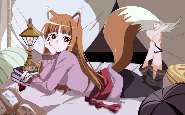 Holo from Spice and Wolf lying on a bed