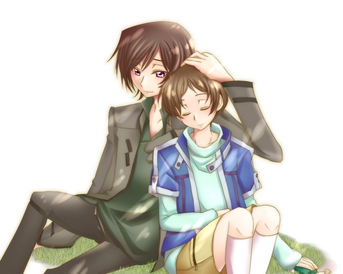 Two boys sitting on grass