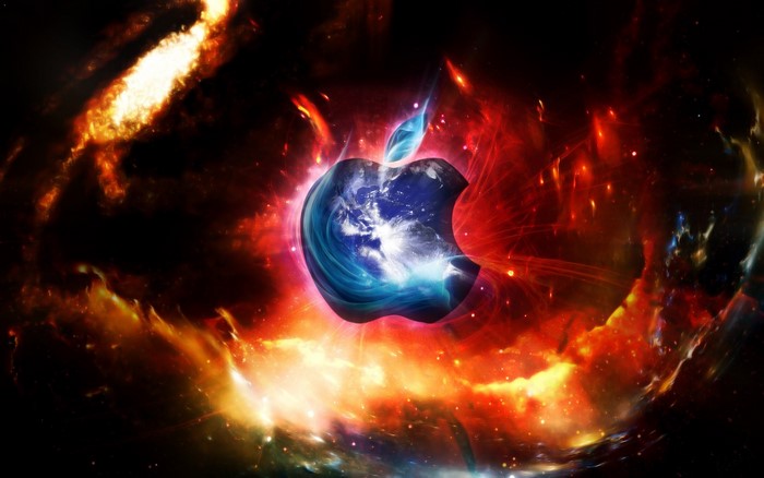 Apple logo with Earth and cosmic explosion