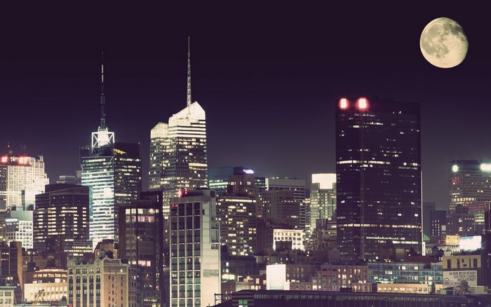 New York City Skyline at Night with Moon