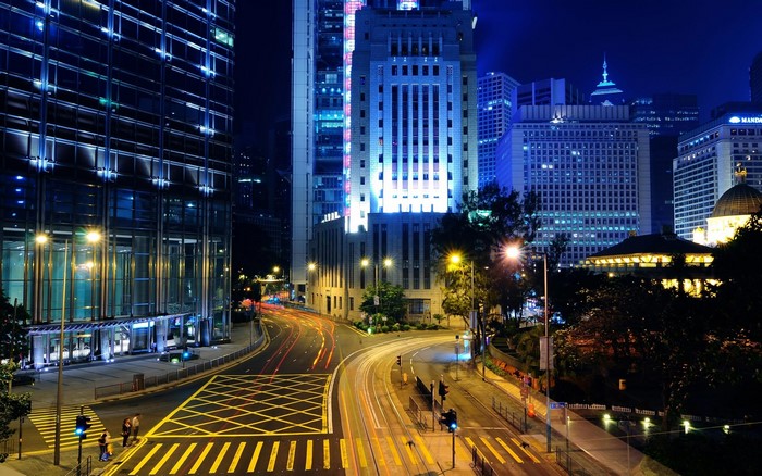 Hong Kong city street at night with light trails