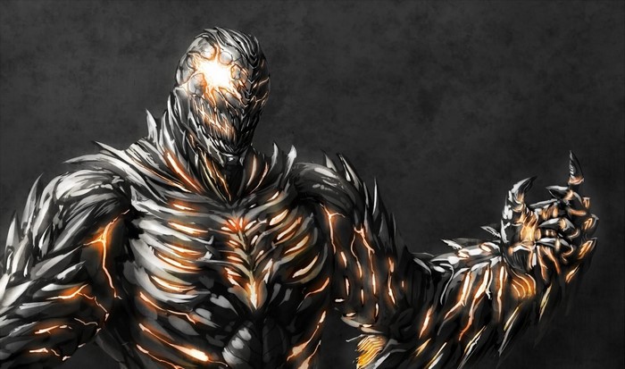 Monster with glowing cracks and fiery eyes