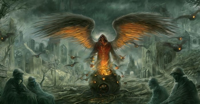 Winged figure over a destroyed city with soldiers