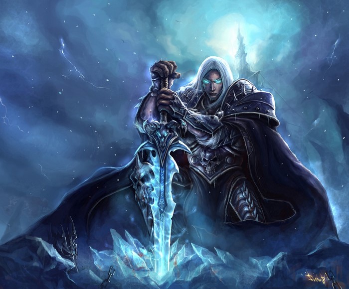 Arthas Menethil from World of Warcraft holding Frostmourne