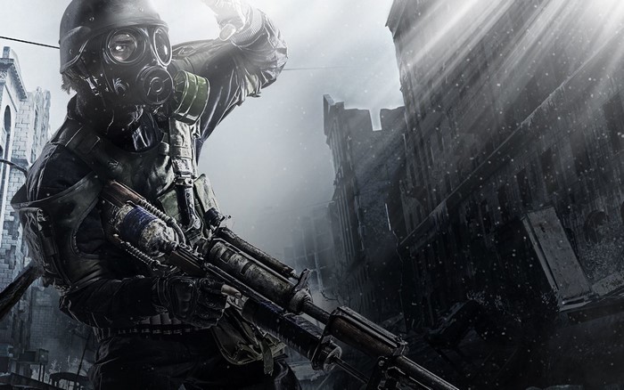 Soldier with gas mask and rifle in ruined city