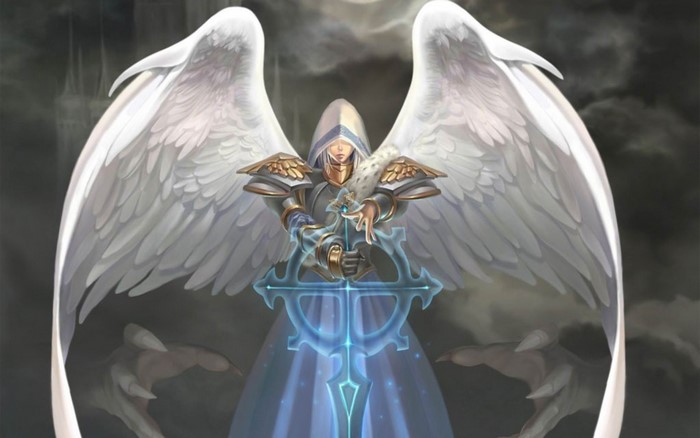 Angel warrior with glowing sword from Might and Magic Heroes