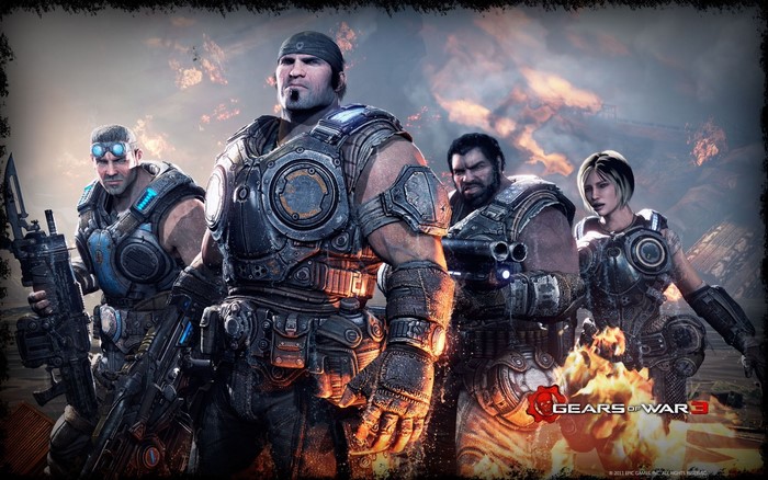 Gears of War 3 characters with Marcus Fenix and Anya Stroud
