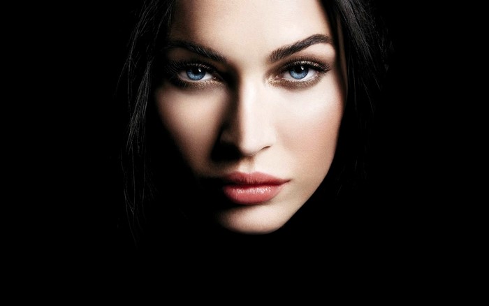 Megan Fox close-up portrait with blue eyes