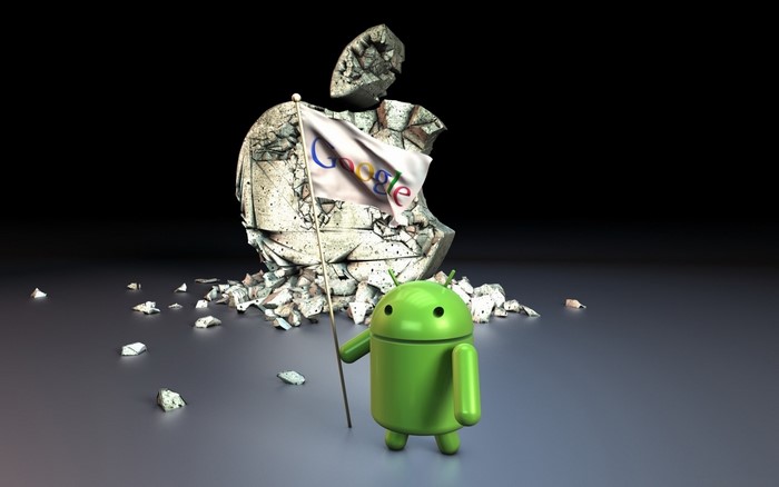 Android Mascot Holding Google Flag Near Cracked Apple Logo