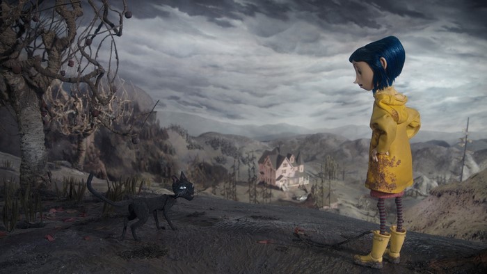 Coraline and the black cat in a desolate landscape