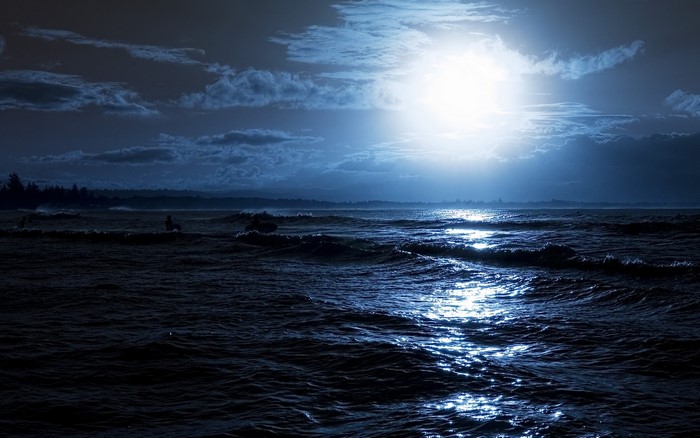 Moonlit Ocean Waves with Surfers