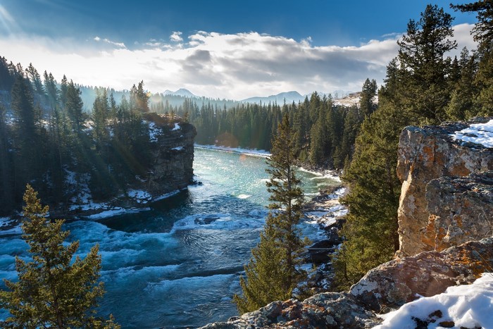 Bow River Flowing Through Alberta Winter Landscape