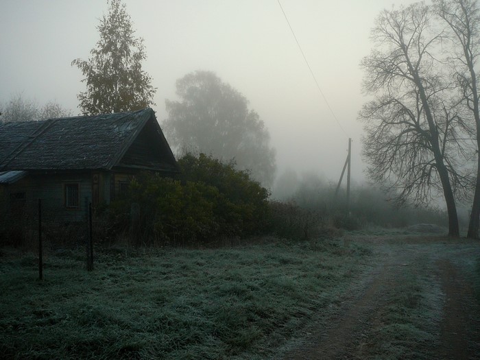 Abandoned house in fog with frosty grass and dirt road