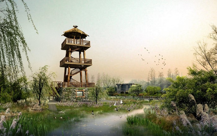 Wooden observation tower by a tranquil pond with birds flying