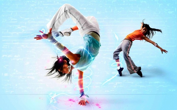 Two girls breakdancing with glowing effects