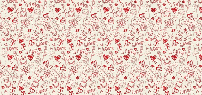 Valentine's Day doodle pattern with hearts and teddy bears