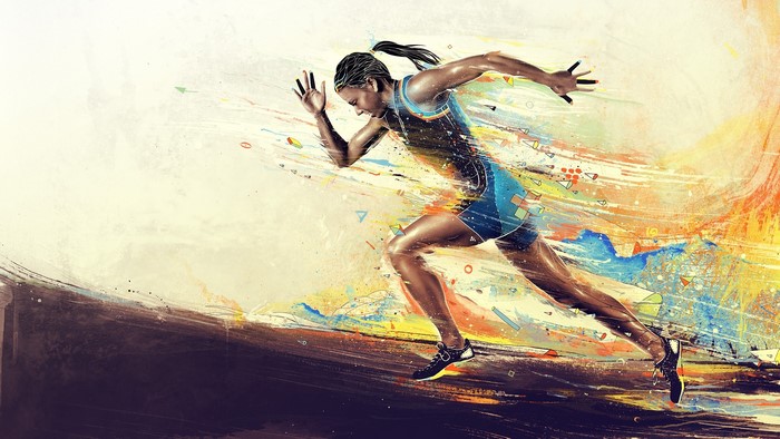 Athlete running with abstract paint splashes