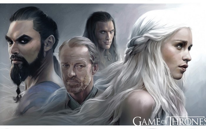 Game of Thrones characters: Daenerys Targaryen, Khal Drogo, Jorah Mormont