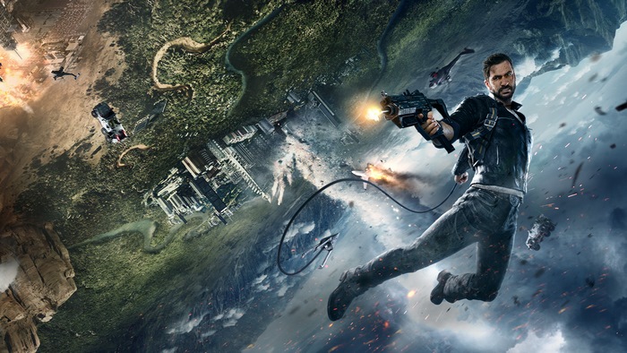 Rico Rodriguez from Just Cause 4 in mid-air