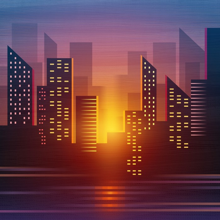 Minimalist city skyline at sunset with reflections