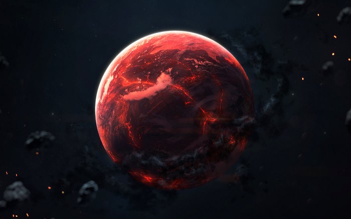 A fiery, volcanic planet in deep space