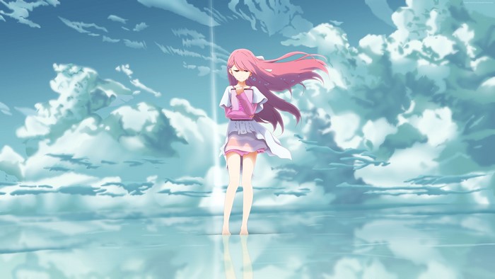 Anime girl with pink hair in clouds