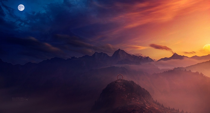 Fantasy landscape with moon and mountains