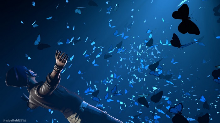 Max Caulfield surrounded by blue butterflies in Life is Strange