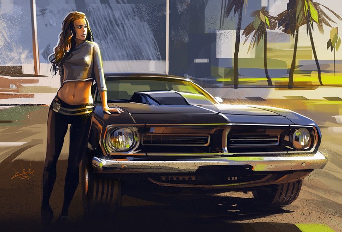 Girl leaning on a classic muscle car