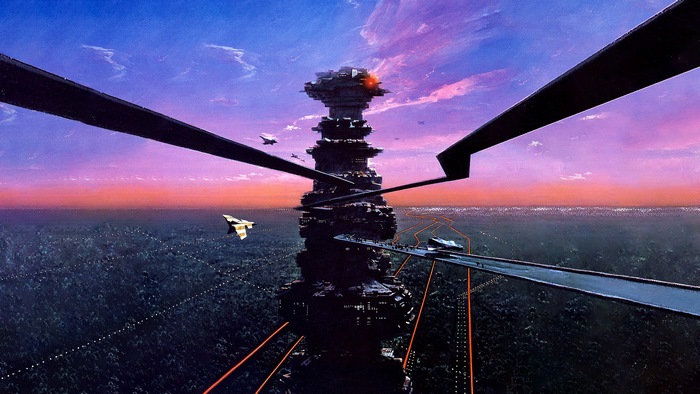 Cyberpunk cityscape with futuristic tower and flying vehicles