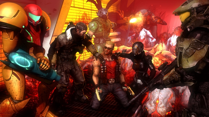 Samus, Master Chief, Doomguy, Duke Nukem, and Shepard fighting aliens