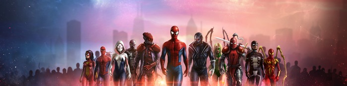 Spider-Man and allies in a city at dusk