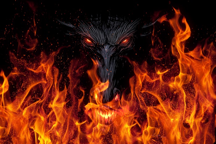 Fiery Demon with Glowing Eyes in Flames