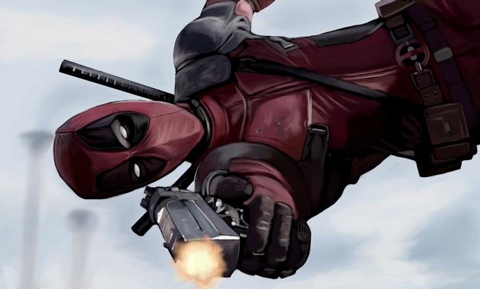 Deadpool firing a gun in artwork