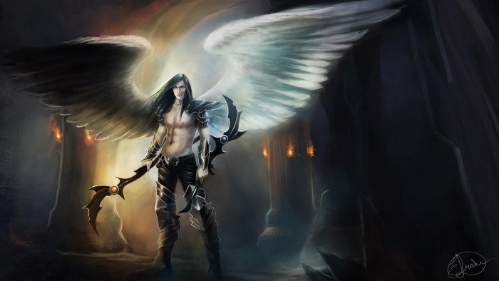 Dark and Light Angelic Warrior with Wings in Fantasy Setting