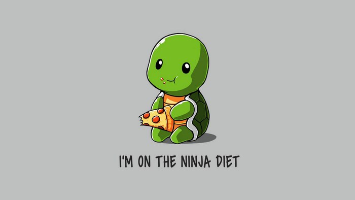 Cute turtle eating pizza on grey background
