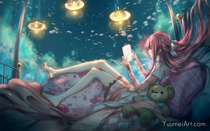 Anime girl reading in bed with a teddy bear