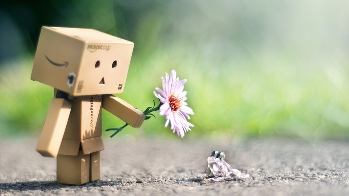 Danbo from Amazon offering a flower to a small creature