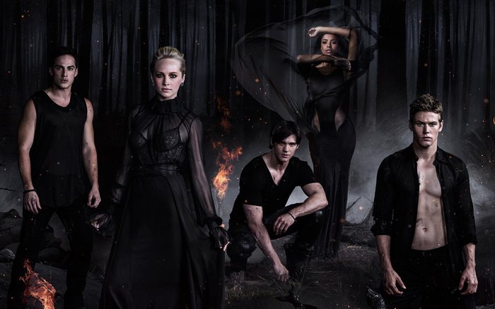 The Vampire Diaries characters in a dark forest