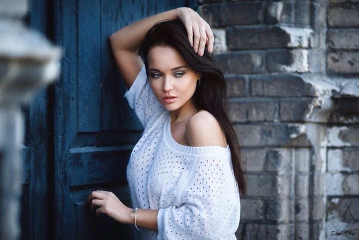 Angelina Petrova in White Sweater Posing Outdoors