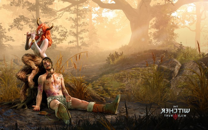 Satyr playing flute over a wounded man in The Witcher 3