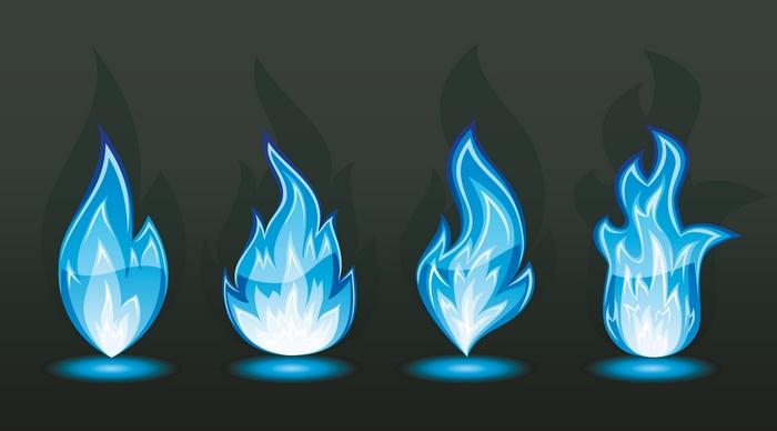 Four stylized blue flames on a dark background
